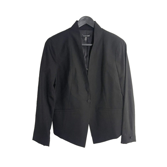 Eileen Fisher 4 Blazer Tuxedo Jacket Black One Button Soft Wool Silk Blend - Picture 1 of 7